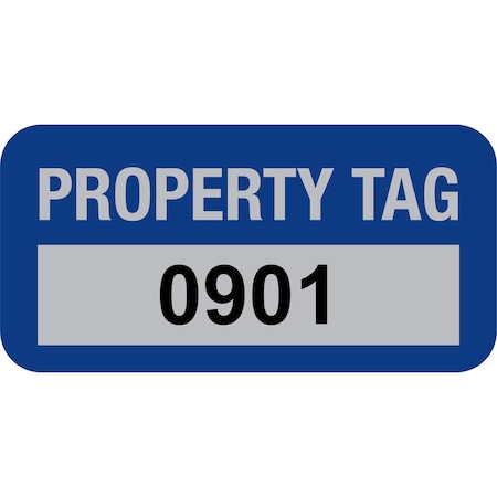 Lustre-Cal Property ID Label PROPERTY TAG5 Alum Dark Blue 1.50in x 0.75in Serialized 0901-1000, 100PK 253769Ma1Bd0901